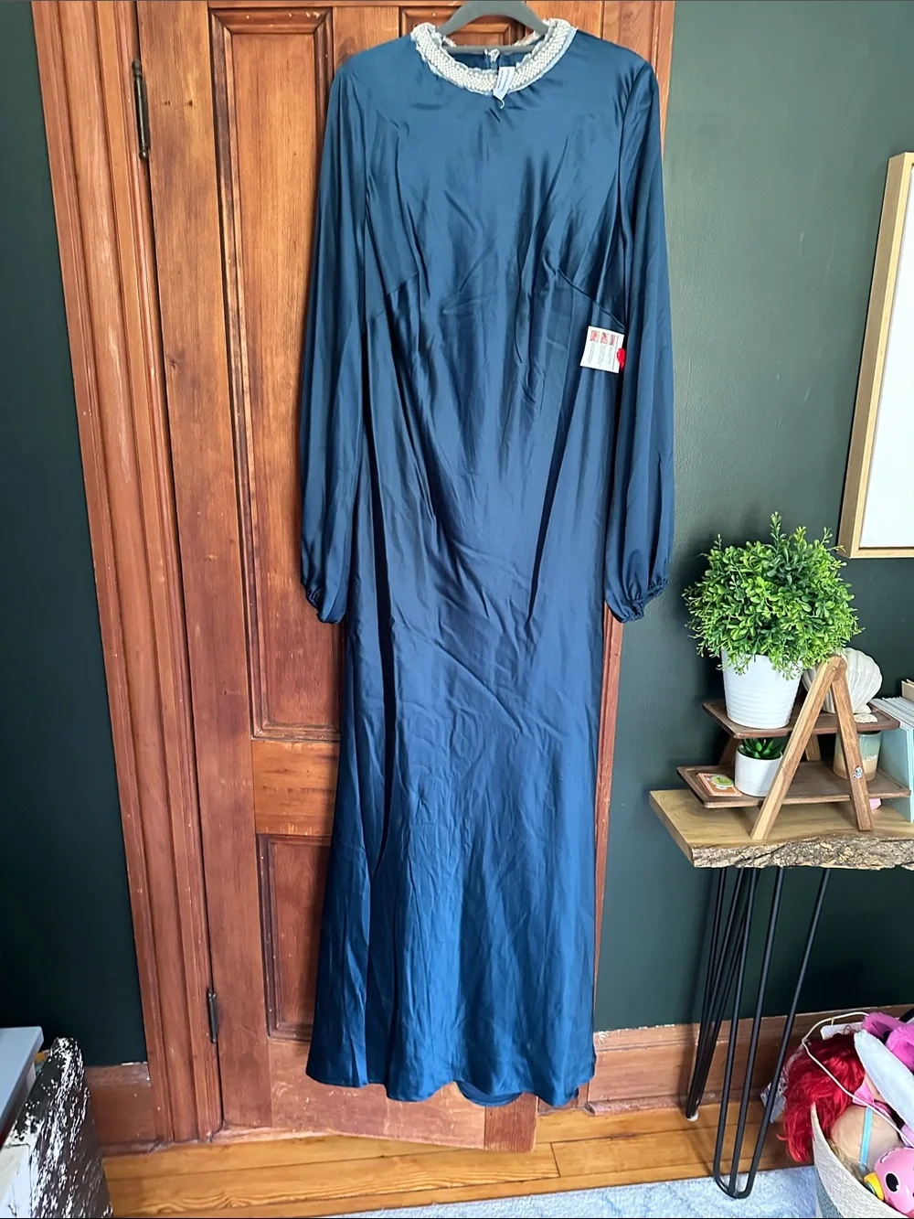 Mac Duggal Teal Satin Long Sleeve Floor-Length Gown size 12 - Picture 3 of 4